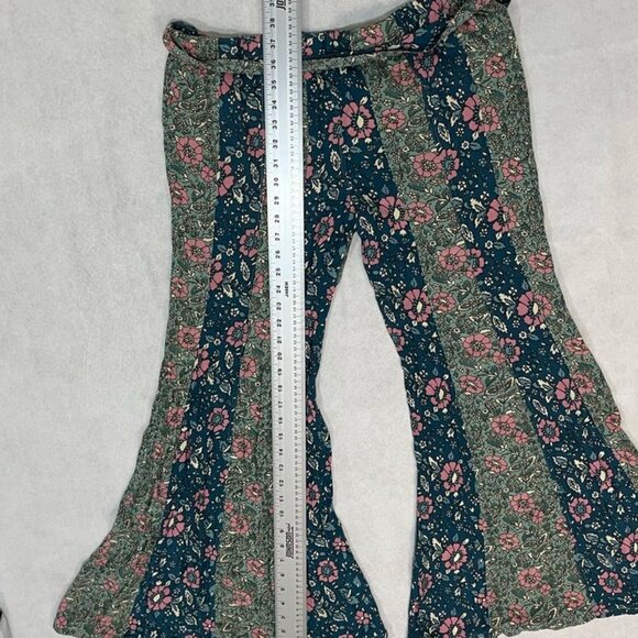 Free People Bali Sultry Boho Floral Flare Pants Teal Pink Green M Perfect Gift - Picture 9 of 13